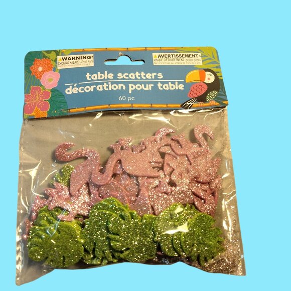 Pink Green Glitter Flamingo Palm Leaf Table Scatters 60 Pieces - Picture 1 of 4